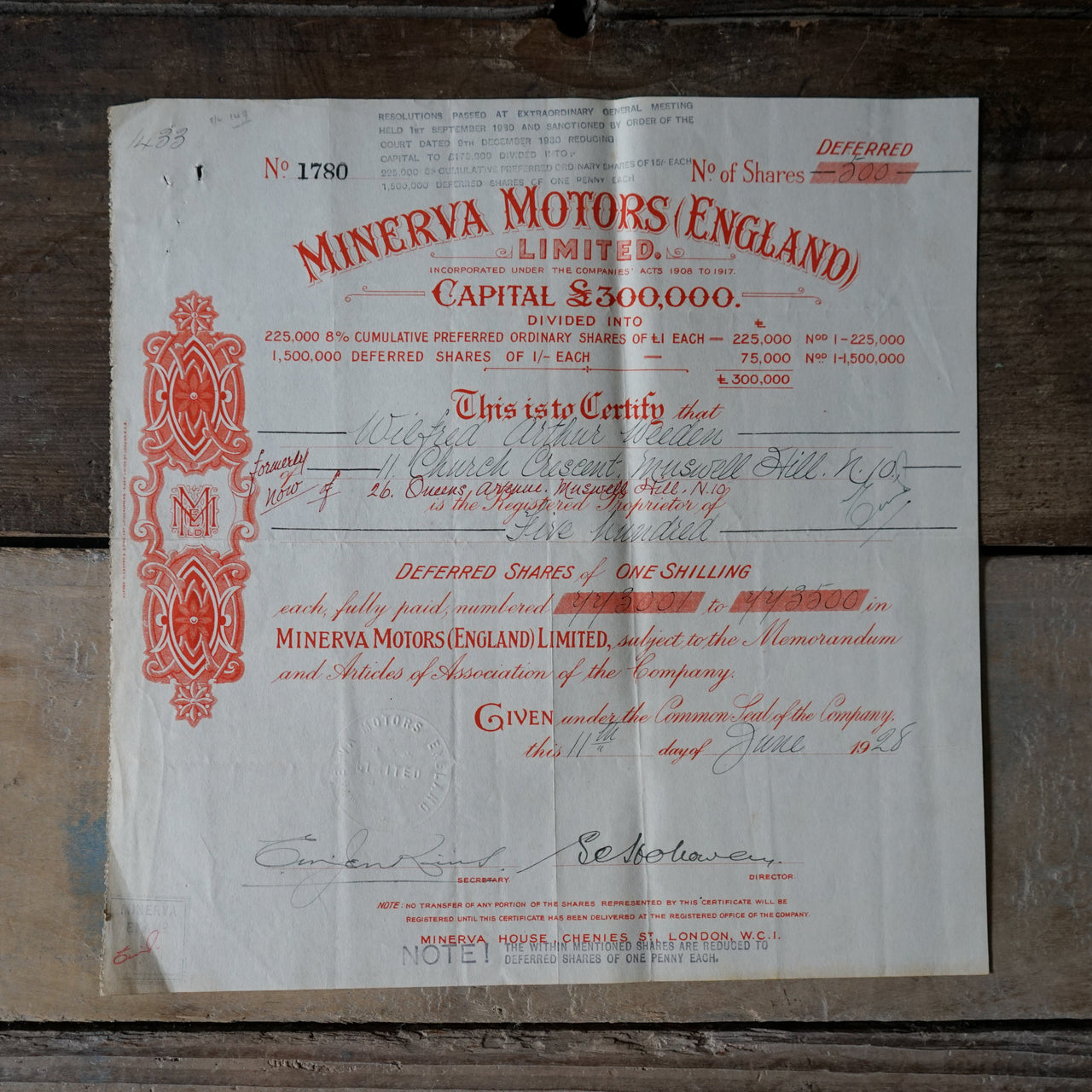 Antique Minerva Motors Shares Certificate