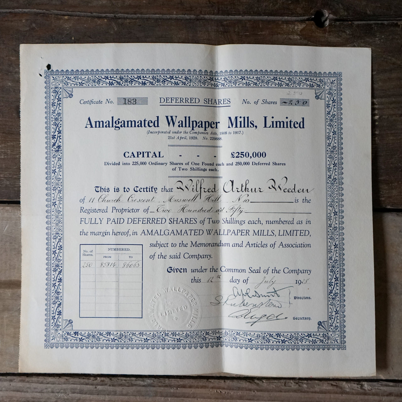 Antique Paper Mills Shares Certificate