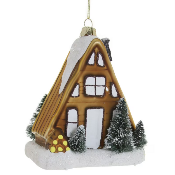 Snowy A-Frame Cabin Glass Christmas Ornament